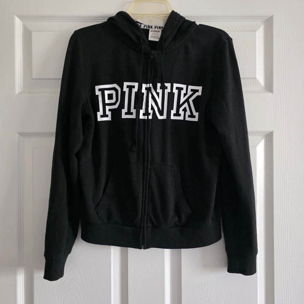 VS PINK Campus Fleece Full Zip Hoodie Black White Classic Logo Size S EUC